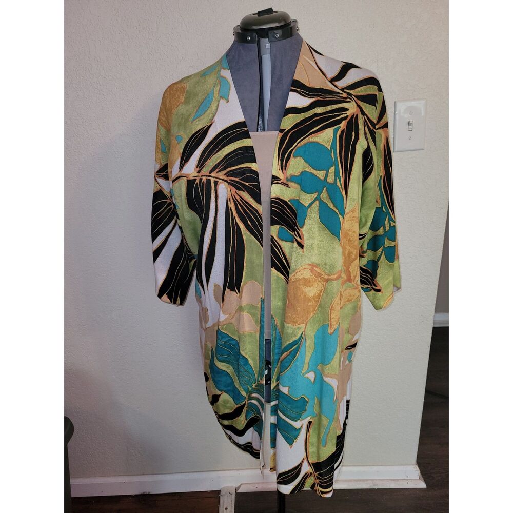 Chico's Tropical Floral Open Front Kimono Cardigan Heavy Knit Palm Leaf Size 2 L
